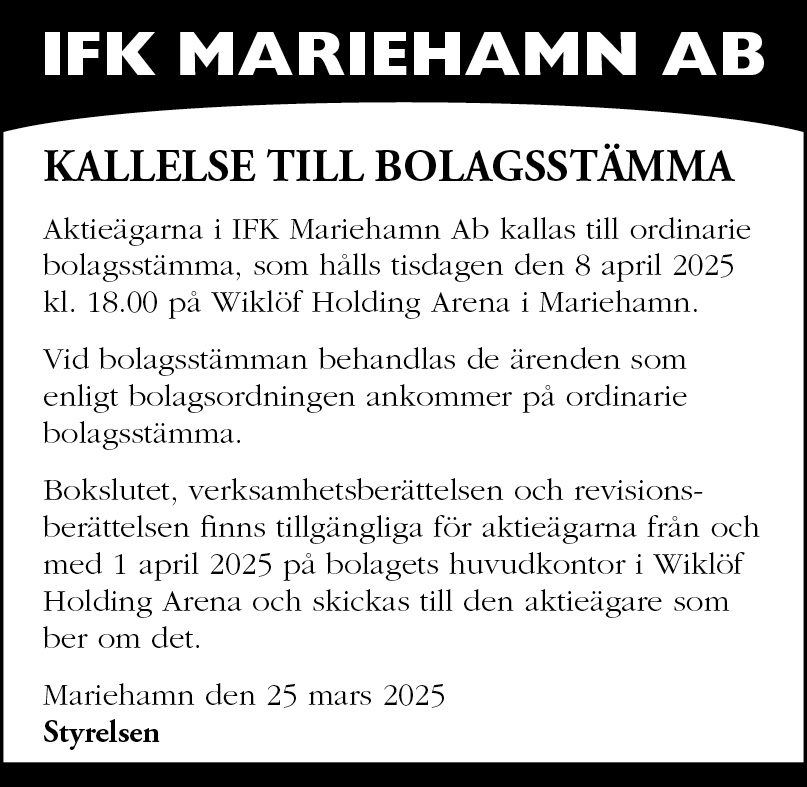 IFK Mariehamn AB bolagsstämma
