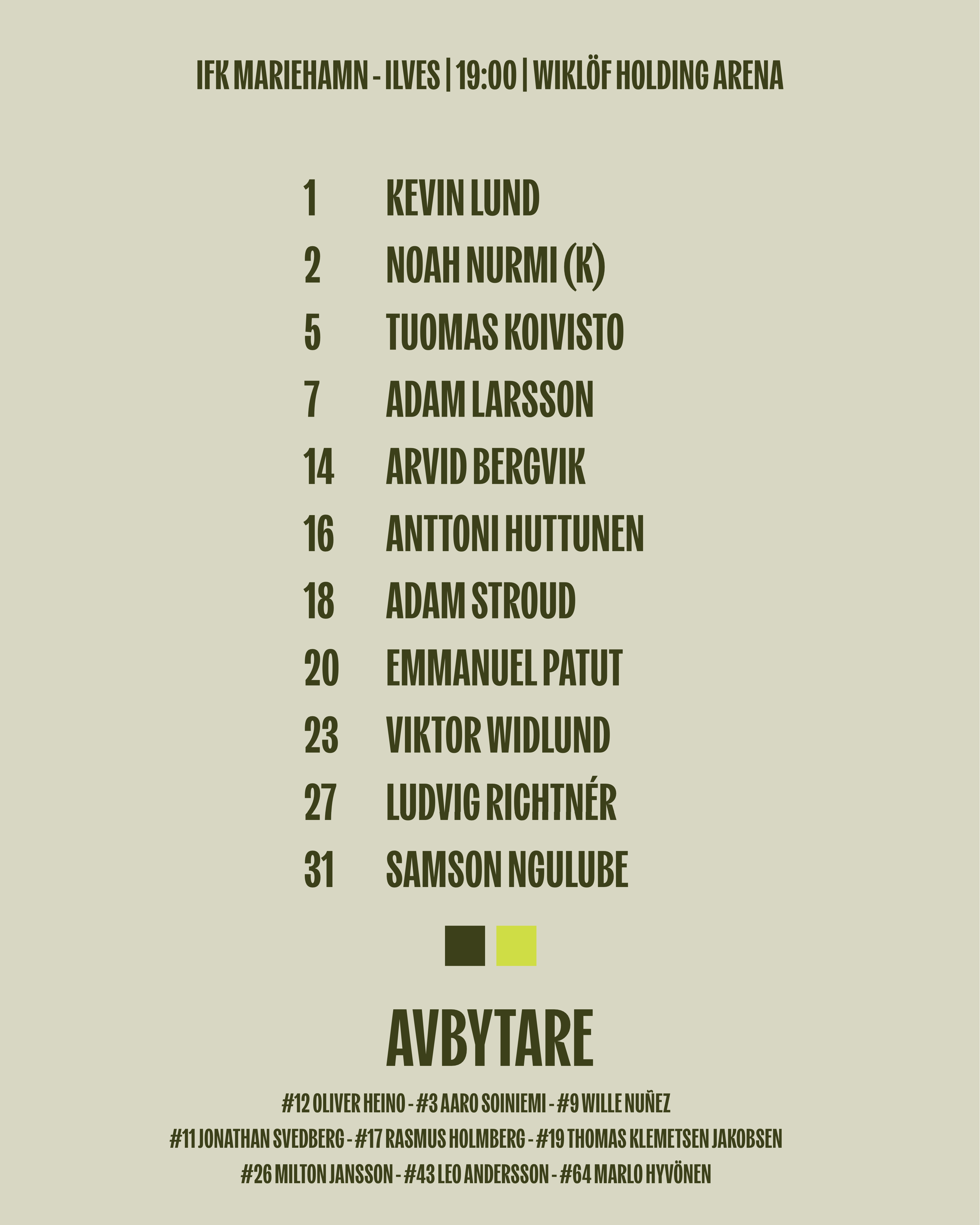Kvällens startelva mot Ilves 10.10